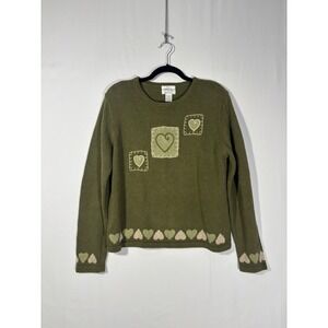 Whimsical Cottagecore Heart Christopher & Banks Knit Sweater Women Medium Green